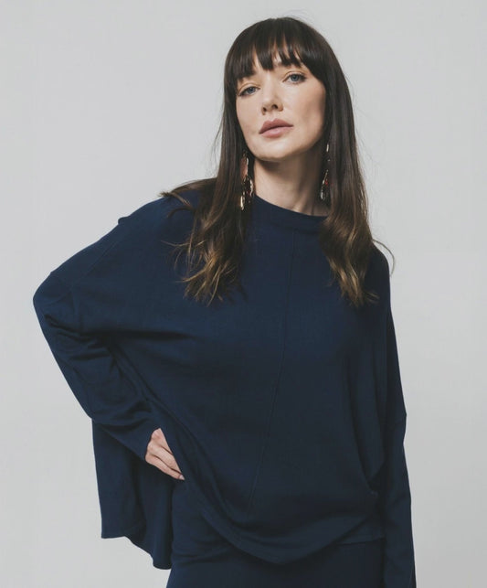 Pullover Mezzo Collo con Spacchi Fianchi - Blu