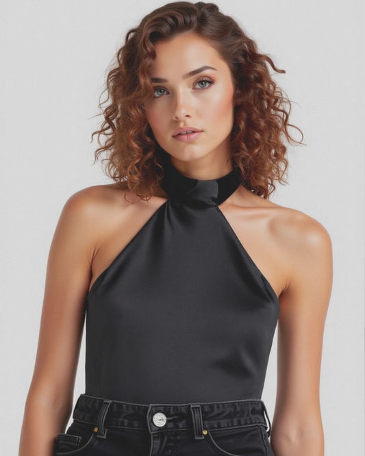 Top in raso scollato all'americana - Nero