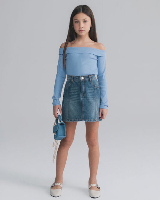 Denim skirt with pockets and corset - Blue